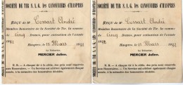 VP4982 -  2 Reçus De La Société De Tir S.A.G. Les Canonniers D' HASPRES - Sports & Tourisme