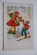New Year - OLD Postcard  - Skiing -   Champignon - Mushroom 1950s - Funghi