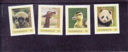 PM, 4x Tiere "Ente, Gibbonaffe, Giraffe, Panda" , Postfrisch, ** - Personalisierte Briefmarken