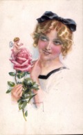 ARTIST SIGNED By LUIS USABAL~ CUPID SITTING ON A ROSE  ~ GLAMOUR GIRL - Usabal