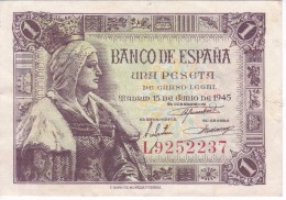 BILLETE DE ESPAÑA DE 1 PTA DEL 15/06/1945 ISABEL LA CATÓLICA SERIE L CALIDAD MBC (BANK NOTE) - 1-2 Peseten