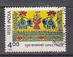 INDIA, 1990, Greetings, With Elephants Carrying Riders, Rs 4   Stamp, 1 V, FINE USED - Used Stamps