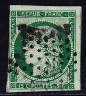 N°2b - 15c Vert Foncé - Obl. Grille - 2 Filets Justes - Pli D'angle - Sinon Belle Pièce - 1849-1850 Ceres