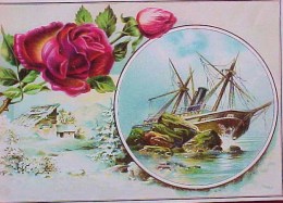 CHROMO XIX ° Gaufrée ROSE PAYSAGE NEIGE & VOILIER échoué , Embossed Old Scrap Flowers Boat   Recto Verso  Prix Fixe - Flores