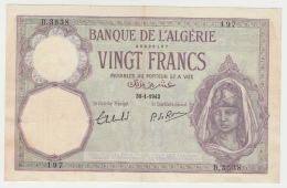 Algeria 20 Francs 30-1- 1942 "F++" Banknote Pick 78c 78 C - Algeria