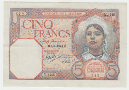 Algeria 5 Francs 1941 VF++ CRISP Banknote Pick 77b 77 B - Algeria