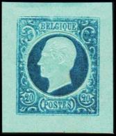 1865. Leopold I. BELGIQUE POSTES. 20 CENTIMES. Essay. Blue On Bluish Paper.      (Michel: ) - JF194550 - Essais & Réimpressions
