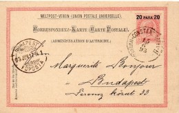 Levant Autrichien Entier Postal Constantinopel Pour La Hongrie1893 - Variétés & Curiosités