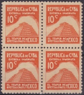1937-268 CUBA REPUBLICA. 1937. Ed.326. 10c ESCRITORES Y ARTISTAS. MEXICO. BLOCK 4 NO GUM. ARCHEOLOGY ARQUEOLOGIA. - Neufs