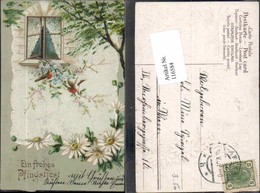 116584,Tolle Präge Litho Vögel Haus Fenster Blumen Gänseblümchen - Pentecost