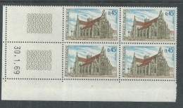 France N° 1582 XX Eglise De Brou, En Bloc De 4 Coin Daté Du 30 . 1 . 69 ;  1 Trait, Sans Charnière, TB - 1960-1969