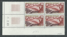 France N° 1583 XX Barrage De Vouglans, En Bloc De 4 Coin Daté Du 1 . 2 . 69 ;   Sans Trait, Sans Charnière, TB - 1960-1969