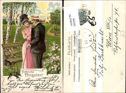 184296,Pfingsten Präge Litho Frau Mann I. Park Bank Schwalben Blumen - Pentecoste