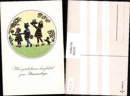 202192,Künstler AK F. Kaskeline Scherenschnitt Silhouette Kinder M. Blumen Kuchen Hun - Silhouetkaarten