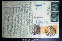 Denmark  Fa Port 10 +17  On Postcard Germany (traincancel) 1934 To Denmark - Cartas & Documentos