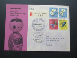 Schweiz 1957 Swissair First Flight Zürich - Geneva - Tokyo. Sonderstempel. Pro Juventute Nr. 636 MiF. - Brieven En Documenten