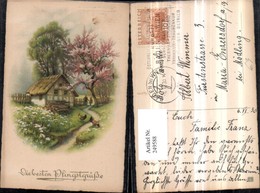 249588,Pfingsten Landschaft Hausansicht Holzscheiter Hahn Huhn - Pfingsten