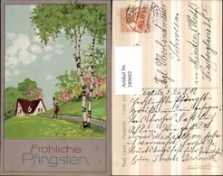 249602,Künstler AK Pfingsten Landschaft Mann M. Hut Birke Hausansicht - Pentecost