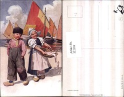 252989,Künstler AK Karl Feiertag Holländische Tracht Kinder Fische Pfeife Pantoffeln - Feiertag, Karl