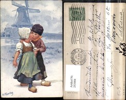 253004,Künstler AK Karl Feiertag Holländische Tracht Kinder Kuss Pantoffeln Windmühle - Feiertag, Karl