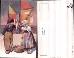 252985,Künstler AK Karl Feiertag Holländische Tracht Kinder Pantoffeln Fische Segelbo - Feiertag, Karl