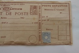 PTT LA POSTE ENFANTINE ->MANDAT DE POSTE + TIMBRE  REPUBLIQUE FRANCAISE PSEUDO ENTIERS POSTAUX Privés - Privatganzsachen