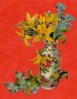 Chromo DECOUPI - Vase Décor Oiseau Aux Fleurs Jaunes Et Bleues (myosotis) - Flowers ° Gaufré Embossed - Bloemen