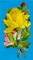Chromo DECOUPI - Bouquet Au Ruban Bleu Dont Rose Jaune - Roses - Fleurs - Flowers ° Gaufré Embossed - Flores