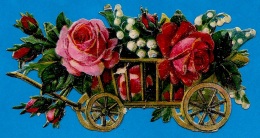 Chromo DECOUPI - Chariot Fleuri 2 Roses Et Muguet - Fleurs Flowers ° Gaufré Embossed - Flowers