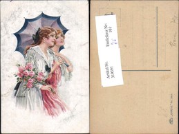 319391,Künstler Ak Louis Usabal Frauen Kleid Schirm Rosenstrauß Blumen - Usabal