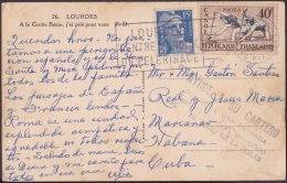 1954-H-70 FRANCIA FRANCE 1954. TARJETA POSTAL A CUBA MARCA AYUDE A SU CARTERO EN VIOLETA. - Storia Postale