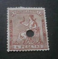 Spain 1873 Hispania 4 Peseta Mi.133 PUNCH HOLE Used Telegraphic Cancels AM.436 - Used Stamps