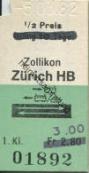 Zollikon Zürich HB Und Zurück - Fahrkarte 1982 1/2 Preis Fr. 3.00 - Europa