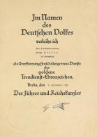 Verleihungsurkunde WK II Für Das Goldene Treuedienst Ehrenzeichen 1939 Mit Unterschrift Hitler I-II (Stauchung, Fle - Unclassified