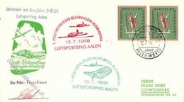 Segelflugzeug, 1958, Bund, 1. Postsegelflug ELCHINGEN-HORNBERG + HORNBERG-ELCHINGEN 12.7.58", Rs. Mit Vignette Und Signa - Ohne Zuordnung