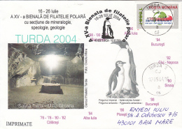 PLAR PHILATELIC EXHIBITION, PENGUINS, MINERALS, TURDA MINE, SPECIAL COVER, 2004, ROMANIA - Événements & Commémorations