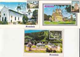 45740- AGAPIA, CURTEA DE ARGES AND SUCEVITA MONASTERIES, ARCHITECTURE, MAXIMUM CARD, 3X, 1995, ROMANIA - Abbayes & Monastères