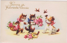Cpa,1953,la Bonne Et Heureuse Année Avec Chats,cat,dog,chien,fer à Cheval Et Fleurs,édition Univers Paris - Año Nuevo