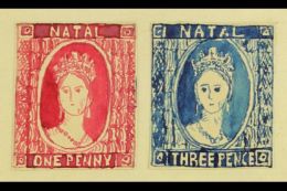 NATAL 1861 HAND PAINTED STAMPS - Unique Miniature Artworks Created By A French "Timbrophile" In 1861. Two Stamps... - Non Classificati