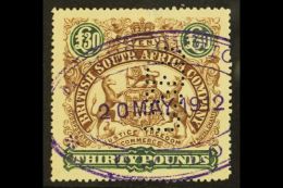 REVENUE 1906 £30 Brown & Green, Barefoot 11a, Fine Used With "USED" Perfin For More Images, Please Visit... - Other & Unclassified
