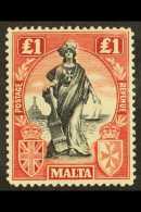 1922-26 £1 Black And Carmine (wmk Sideways), SG 139, Very Fine Mint. For More Images, Please Visit... - Malta (...-1964)