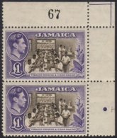 1949 £1 Chocolate And Violet SG 133a, Fine Nhm Upper Corner Sheet Number Pair.  For More Images, Please... - Giamaica (...-1961)