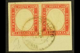 1862 40c Rose-red, Sass. 3, Very Fine Used Pair Tied To Piece By Complete Reggio Calabria, Cds Pmk. Pretty, Signed... - Non Classificati