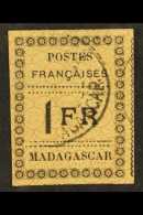 MADAGASCAR 1891 1fr Black On Yellow, Yvert 12, Very Fine Used, Very Shallow Hinge Thin. For More Images, Please... - Altri & Non Classificati