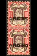 1911-13 4pi On 10d Dull Purple & Carmine Vertical Pair, Top Stamp Being The "No Cross On Crown" Variety, SG... - Levante Britannico