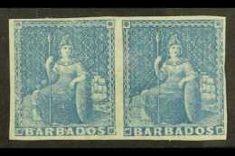 1852-55 (1d) Blue, SG 3, Very Fine Mint PAIR With 4 Margins (close At Right). Fresh! For More Images, Please Visit... - Barbados (...-1966)