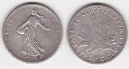 1 FRANC SEMEUSE 1906 En ARGENT  (voir Scan) - H. 1 Franc