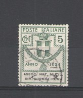 REGNO 1924 ENTI PARASTATALI  ASSOCIAZIONE NAZ. MUTIL. INV. GUERRA-ROMA 5 C N. 5 USATO OTTIMO STATO - Zonder Portkosten