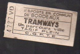 (Bordeaux, Gironde) Ticket De Tramway CGFTE (PPP3666) - Europe