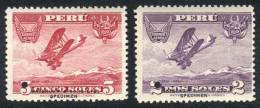 Yvert 4/5, 1934 Biplane, Set Of 2 Values, Proofs In Different Colors With Little Punch Hole On The Left Face Value... - Pérou